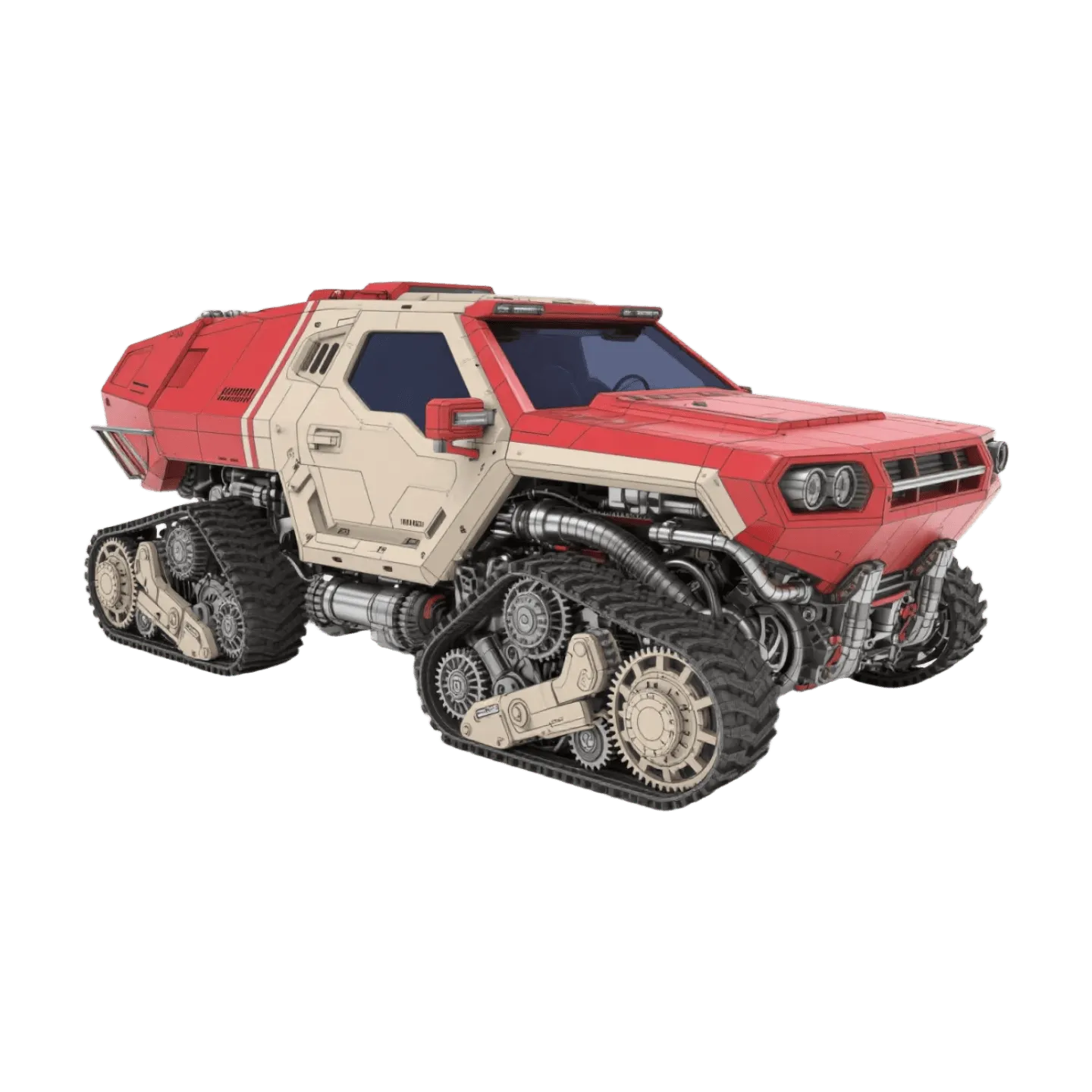 Sci-fi tracked vehicle, red armored body, exposed mechanical parts