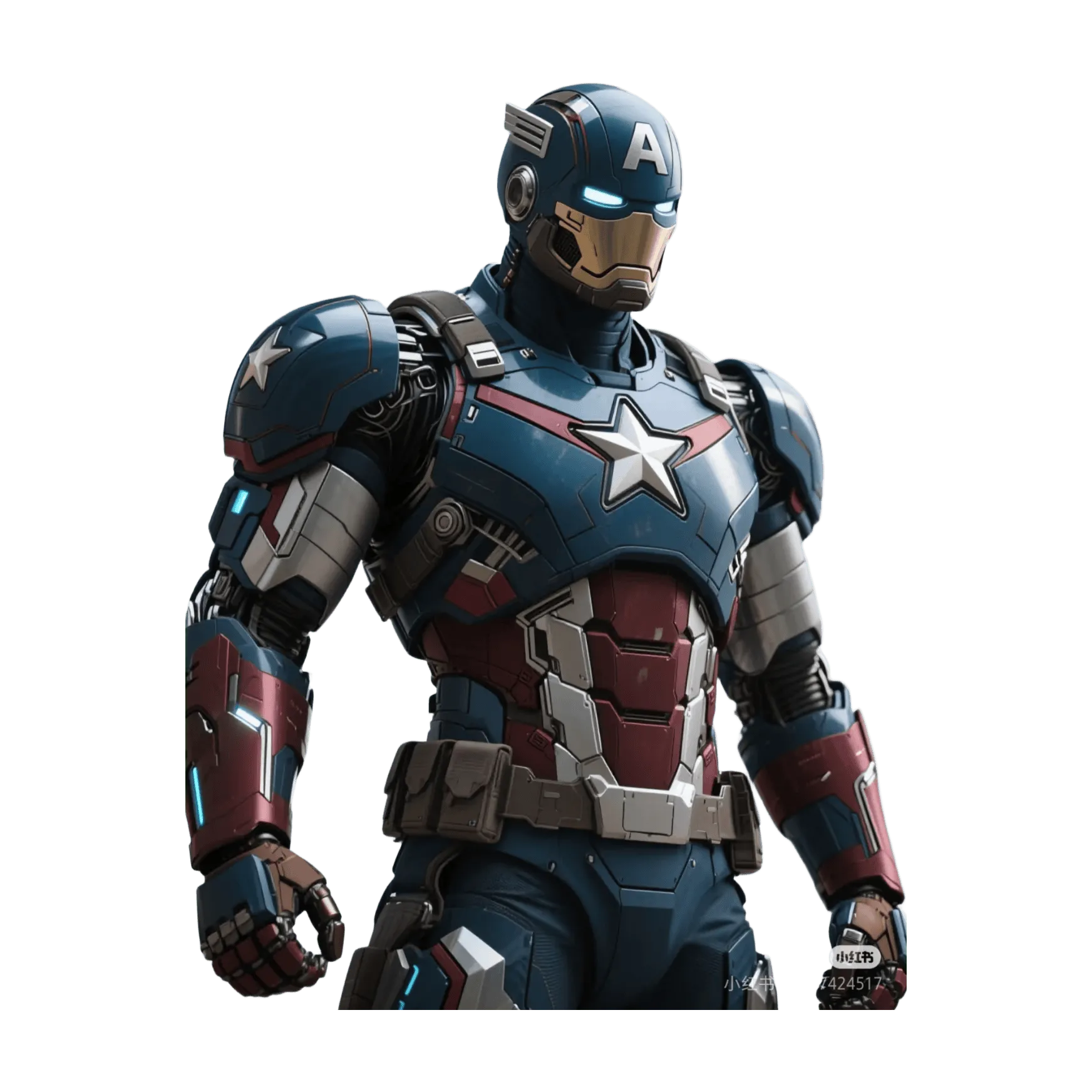 Patriot mech suit, blue red armor plating, star emblem chest