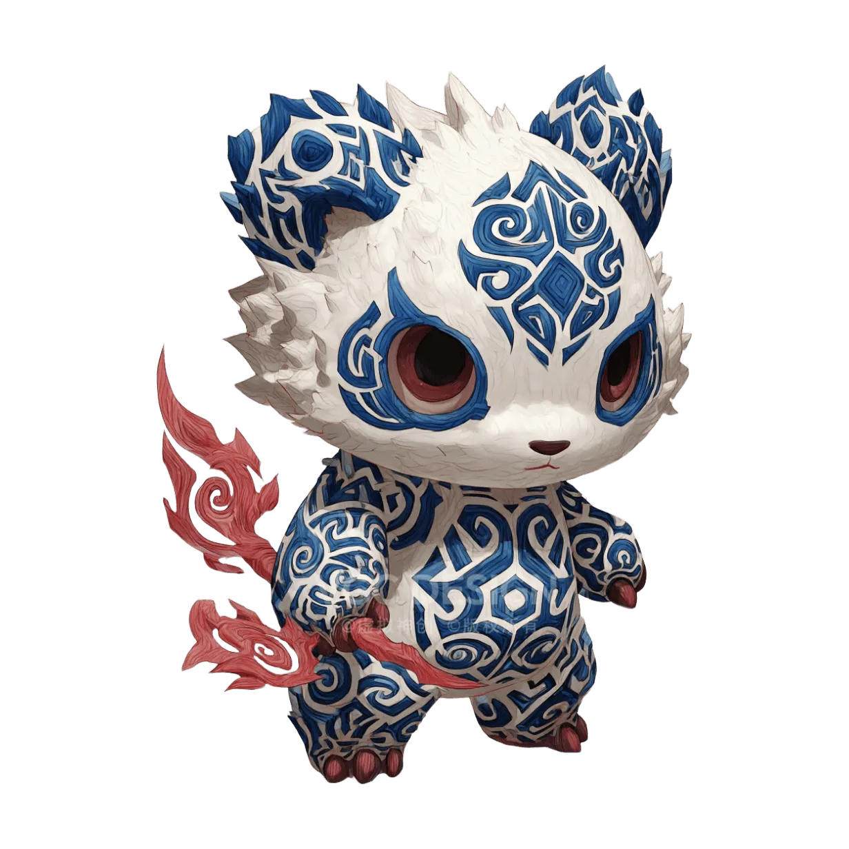 Chibi spirit creature, blue white porcelain pattern, flame staff