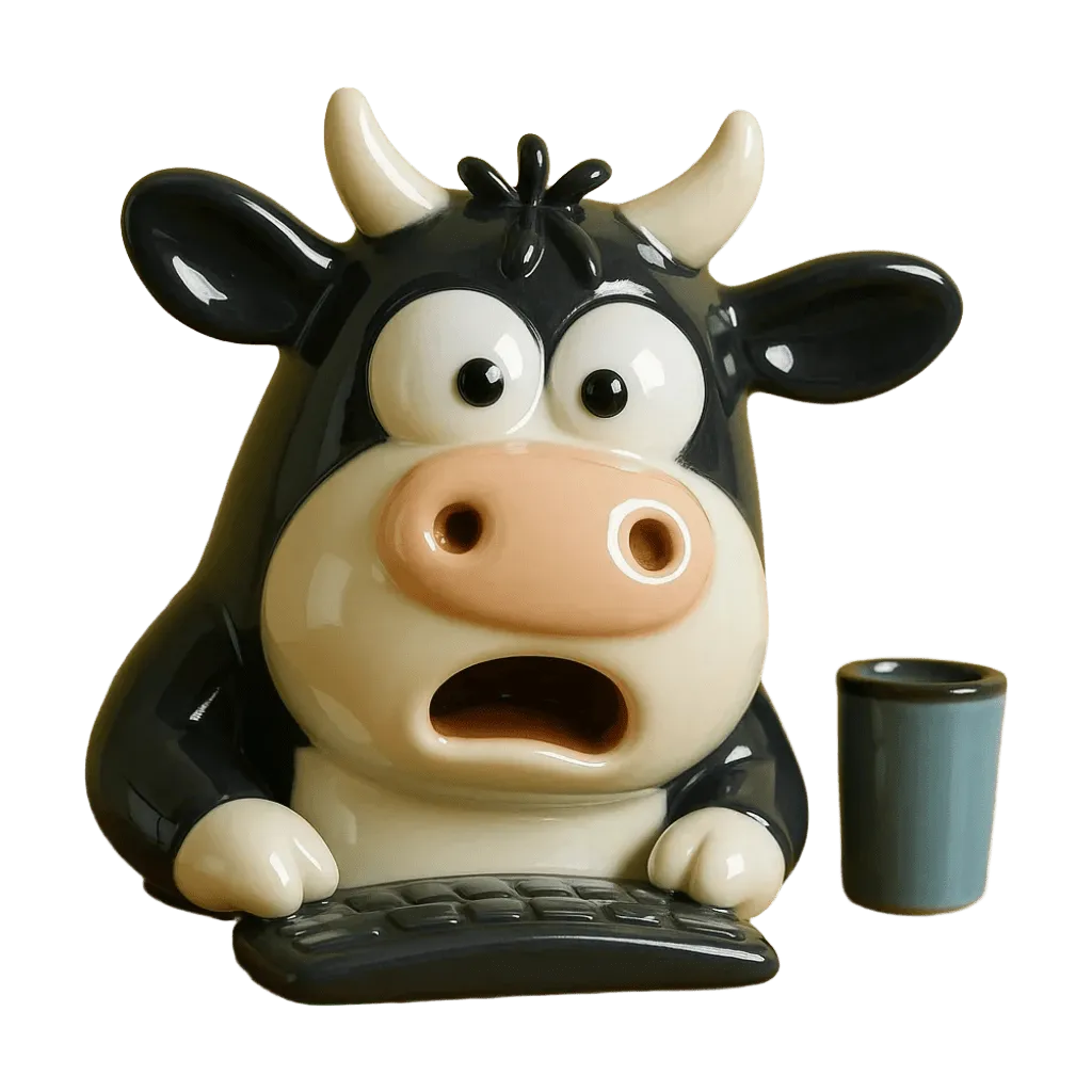 Ceramic cow figurine, cartoon eyes, typing on keyboard