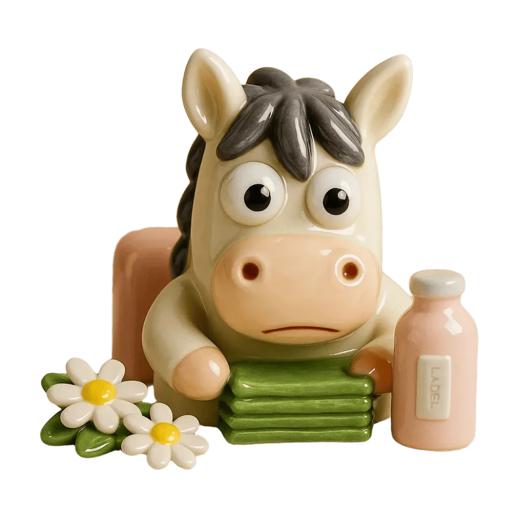 Ceramic pony figurine, sad expression, daisies and milk bottle