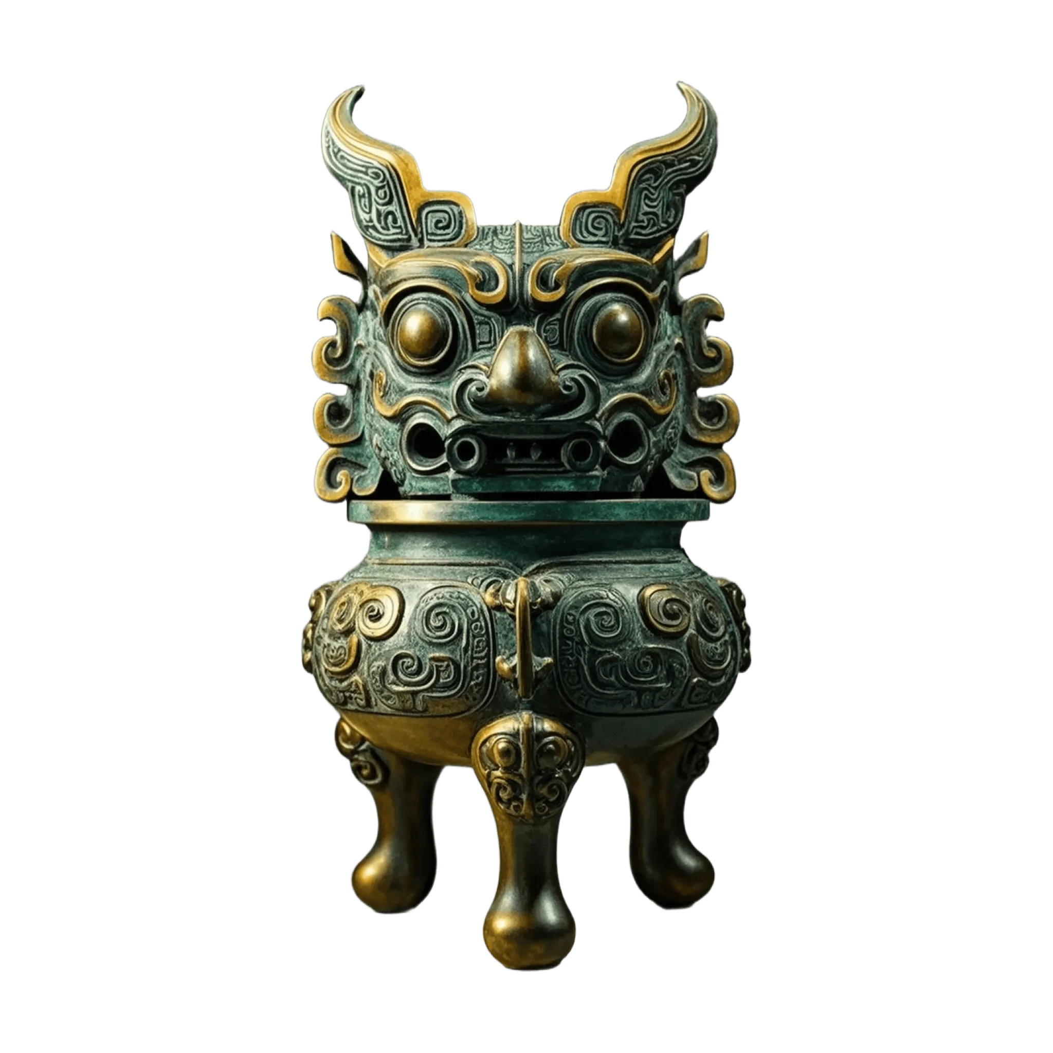 Ancient bronze incense burner, taotie beast face, tripod legs