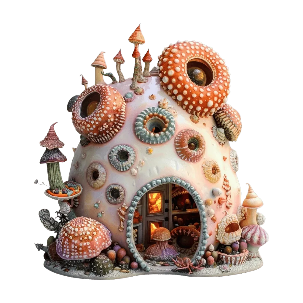 Fantasy mushroom cottage, coral decorations, glowing warm interior
