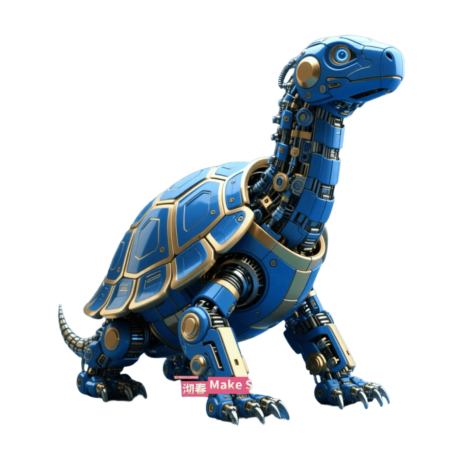 Mechanical turtle robot, blue armor plates, gold joints, long neck