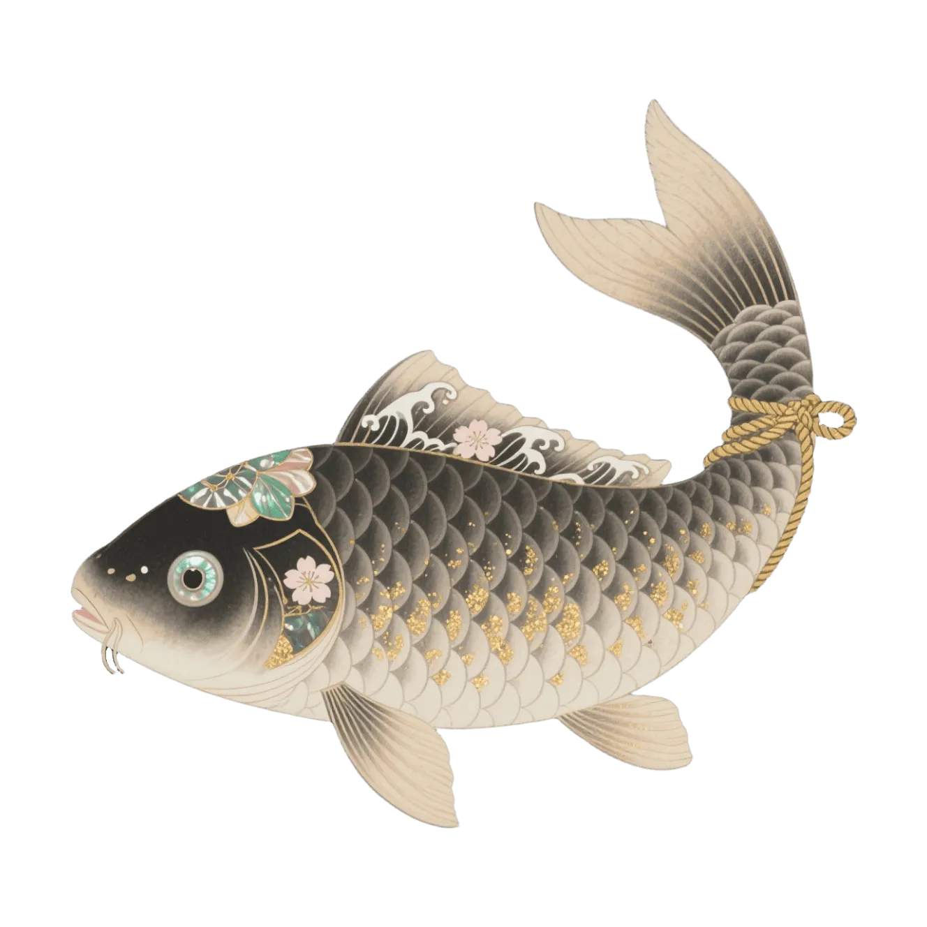 Japanese koi fish, cherry blossom pattern, gold flakes on scales, rope tied tail