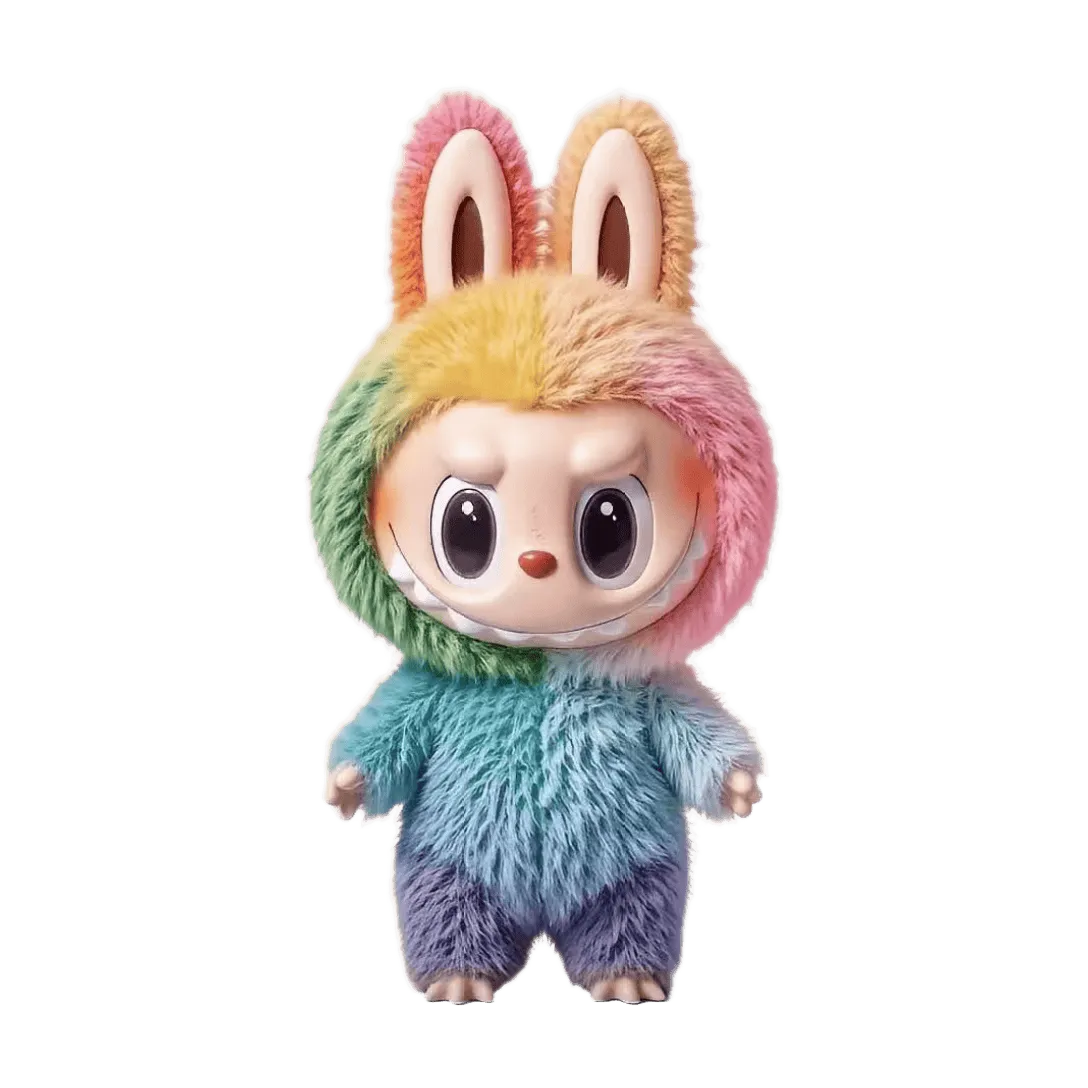 Rainbow plush bunny doll, gradient fur, big sparkle eyes