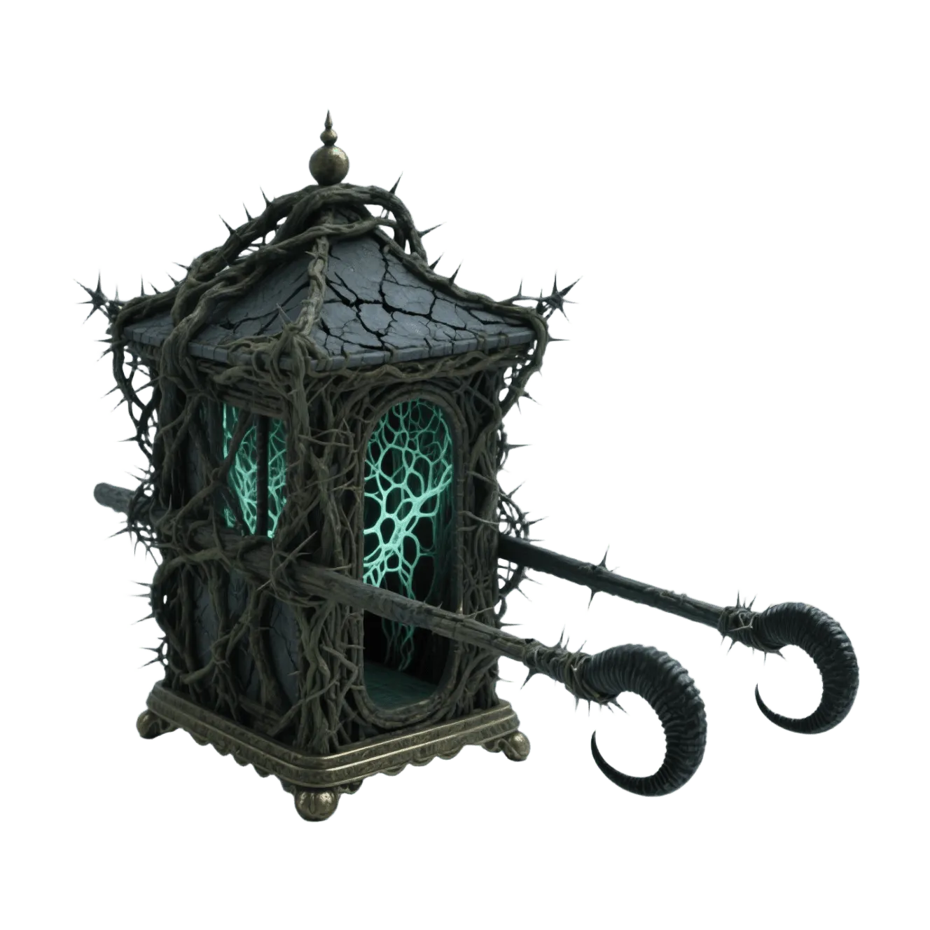 Gothic lantern palanquin, thorny vines, cyan glowing windows, dark fantasy