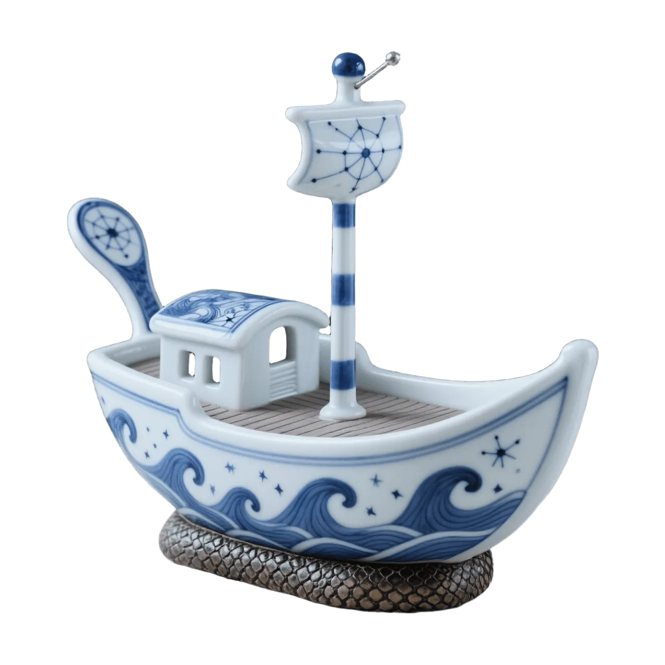 Blue white porcelain boat, wave patterns, constellation sail, serpent base