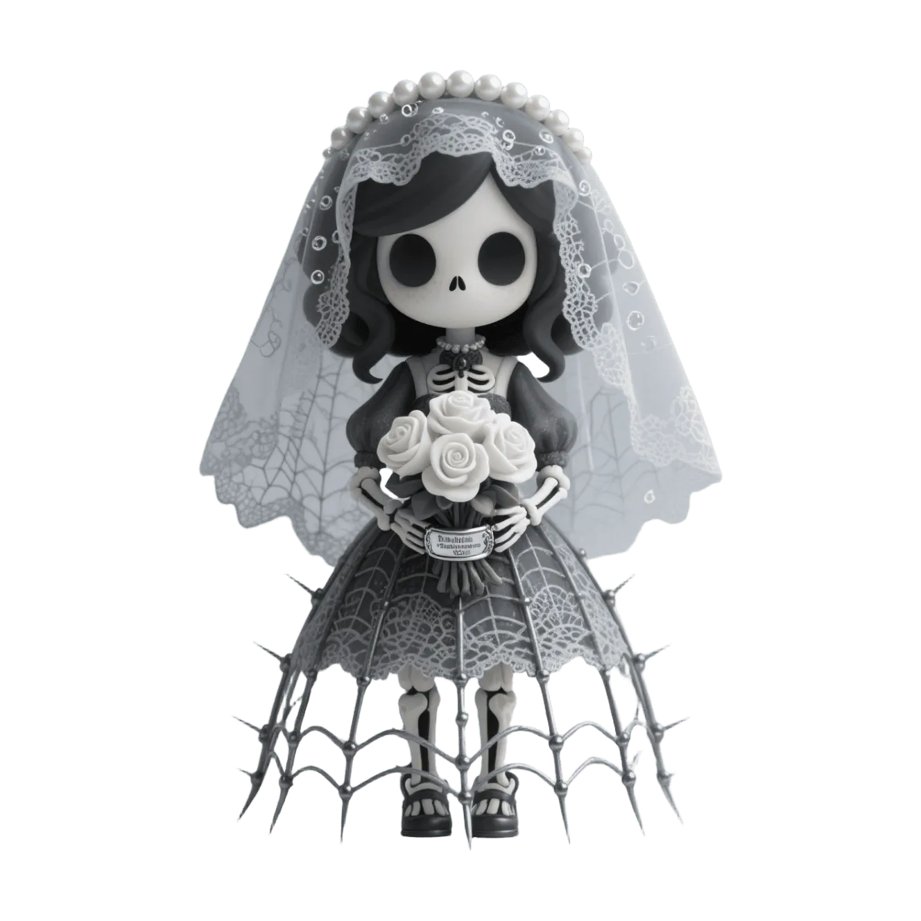 Skeleton bride doll, lace veil with pearls, white roses bouquet, gothic style