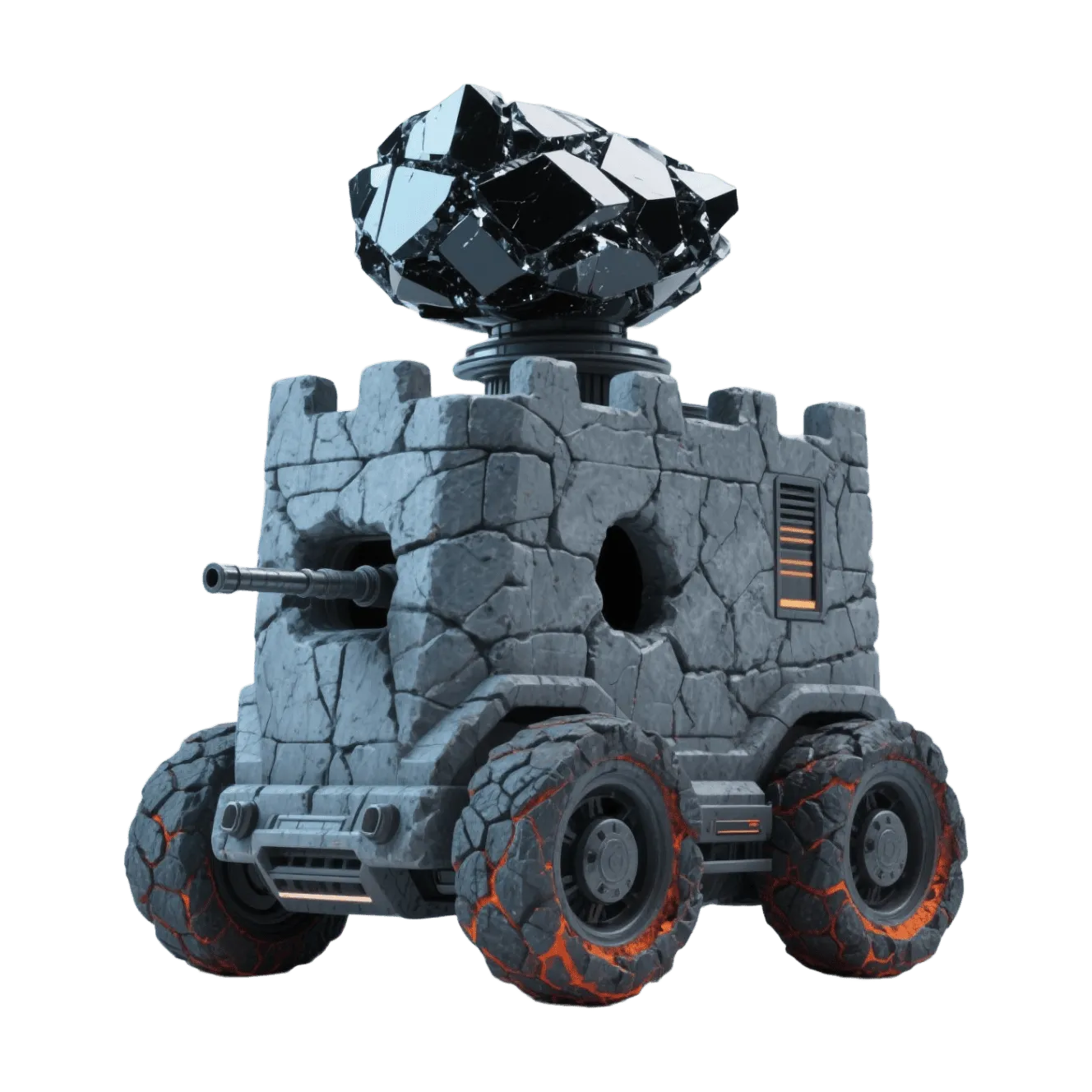 Stone fortress tank, black crystal turret, lava cracked wheels, fantasy siege
