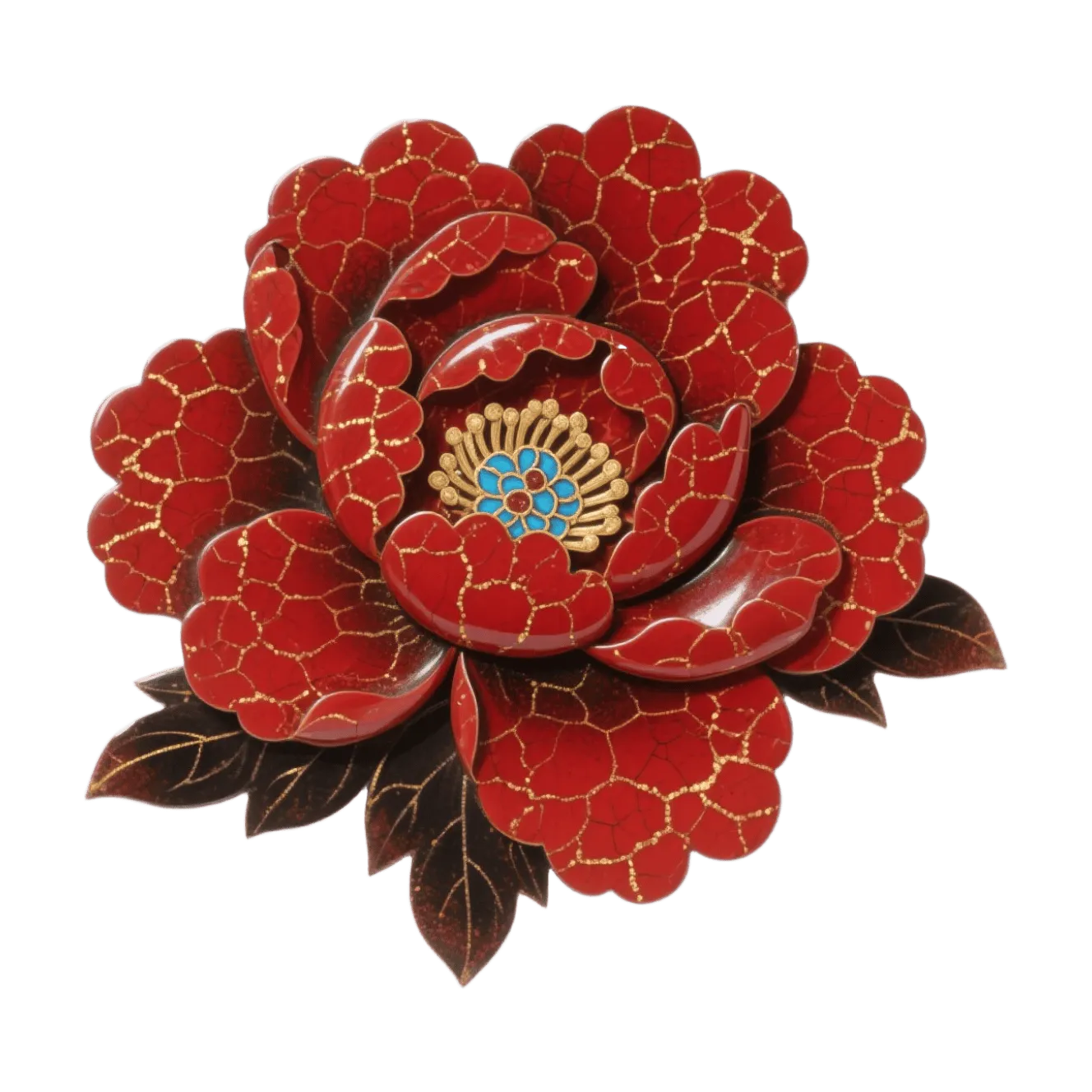 Red peony flower, gold kintsugi cracks, lacquer finish, turquoise center