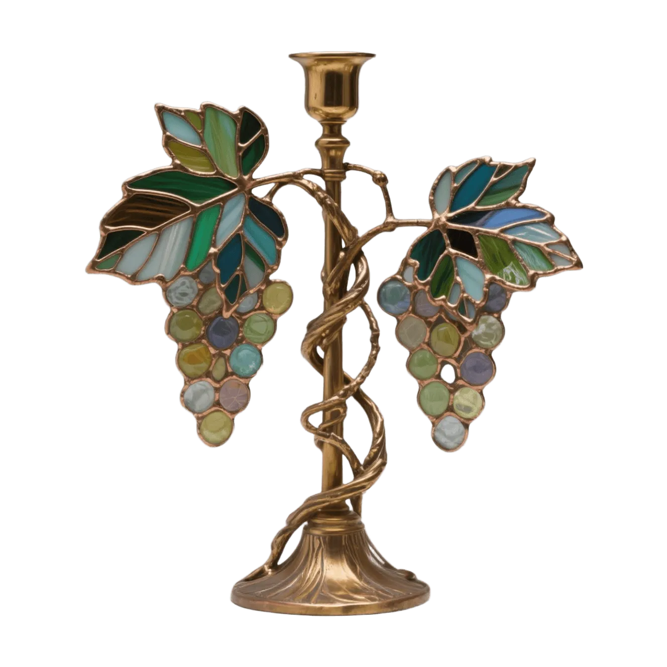 Brass candle holder, stained glass grape clusters, art nouveau vine