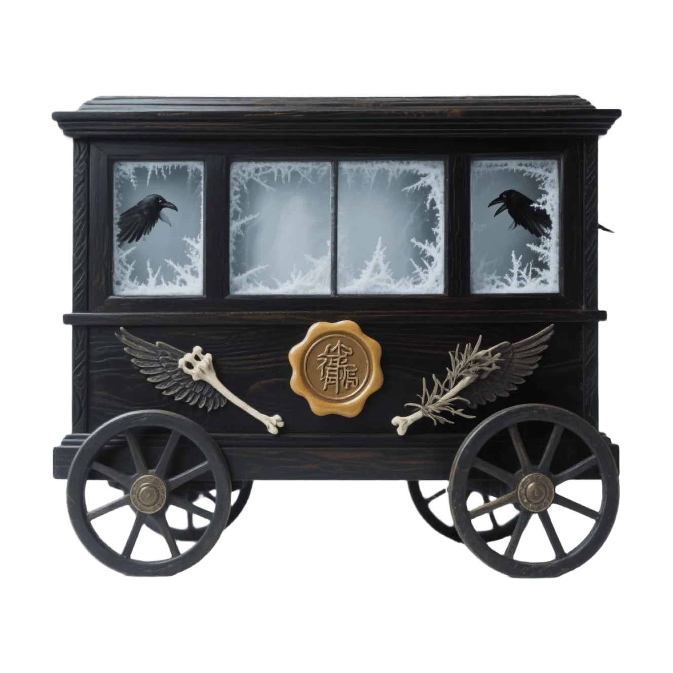 Gothic hearse wagon, frosted windows, ravens, bone wings, wax seal