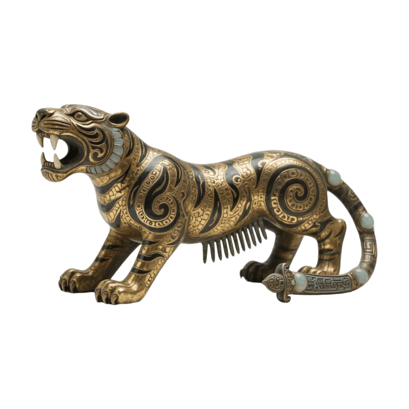 Bronze tiger sculpture, ancient Chinese spiral patterns, jade inlay details