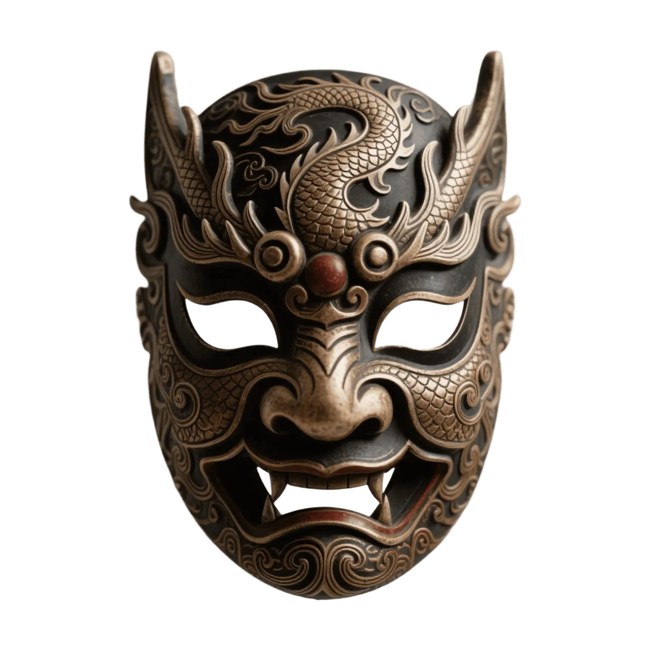 Dragon demon mask, bronze patina, scale pattern, curved horns