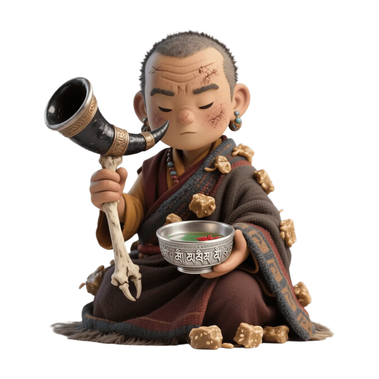 Tibetan monk figure, bone horn instrument, silver bowl, weathered robe