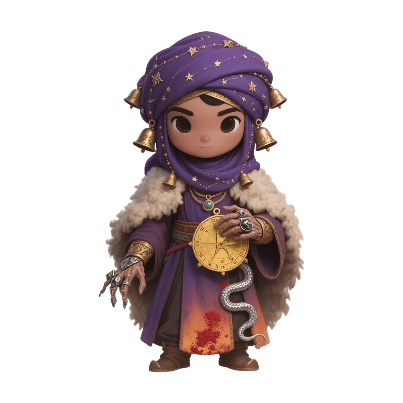 Chibi fortune teller, purple starry turban, golden astrolabe, silver snake