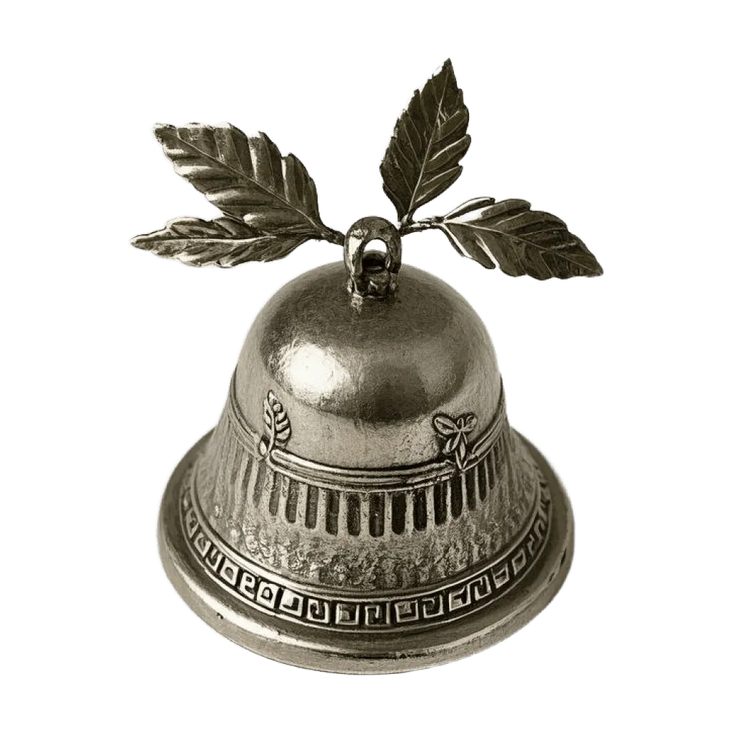 Antique silver bell, laurel leaf finial, Greek key pattern border