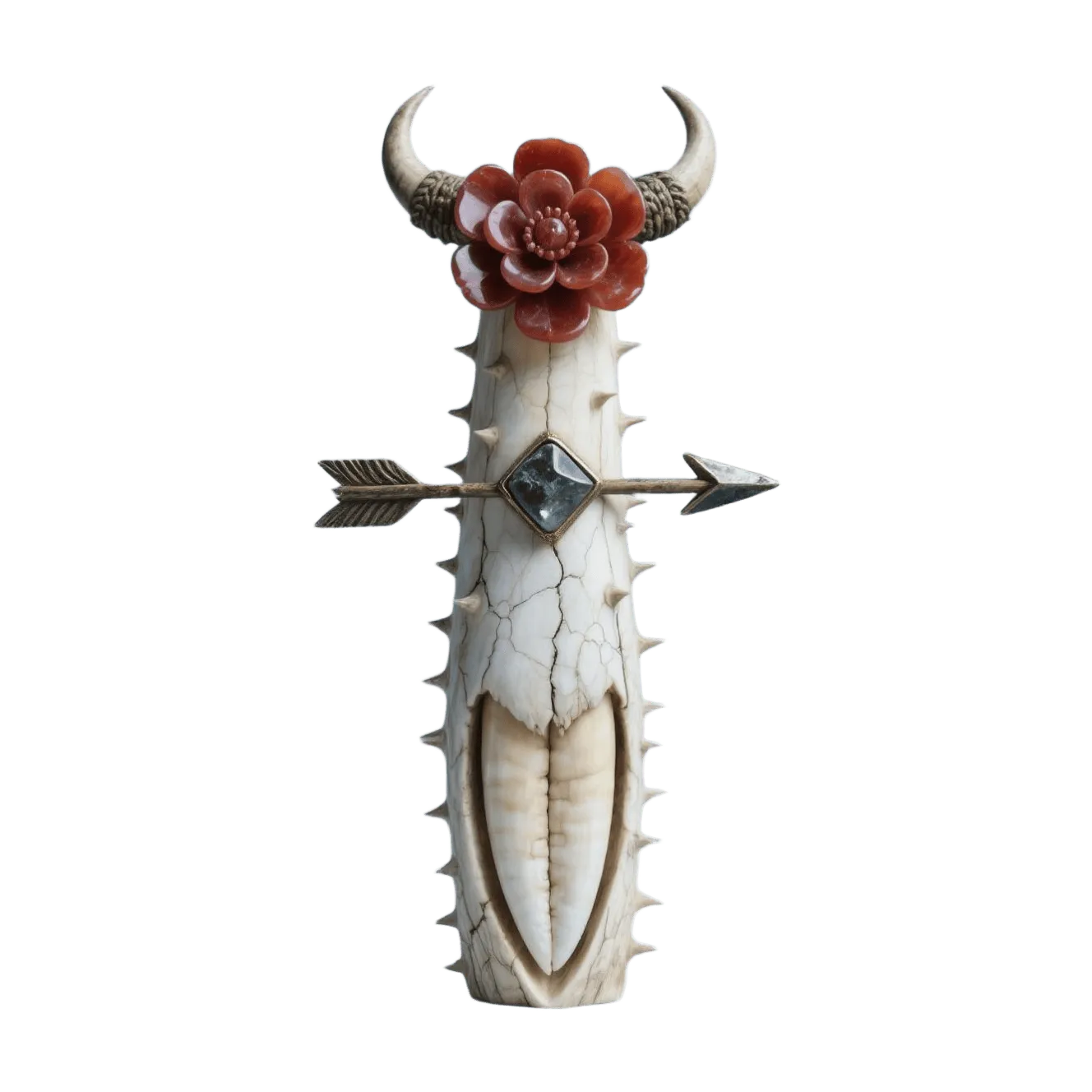 Bone totem sculpture, horns with flower, arrow through gem, tribal style