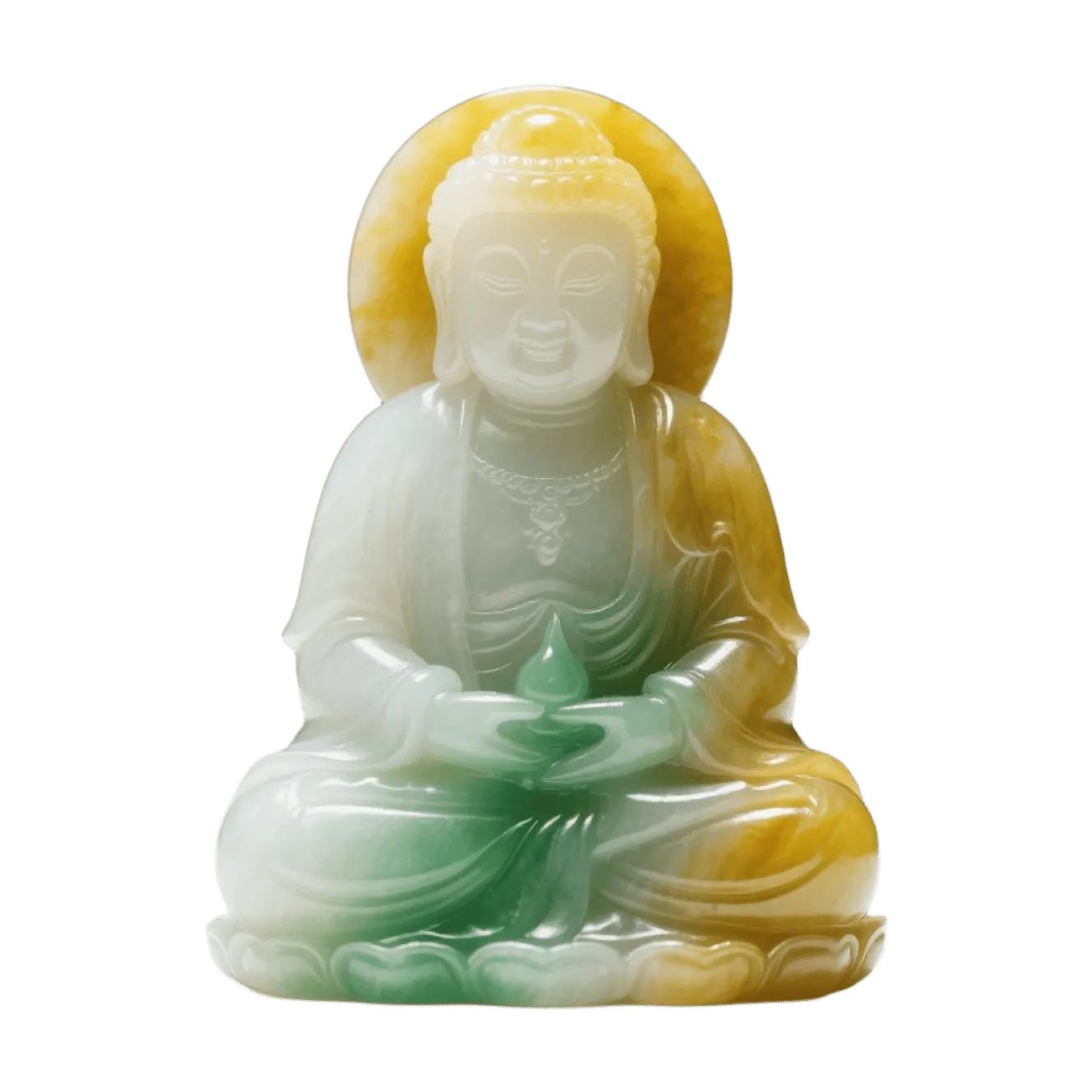 Jade Buddha statue, meditation pose, green yellow gradient, translucent