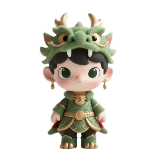 Chibi dragon warrior boy, green plush dragon hood, scale armor