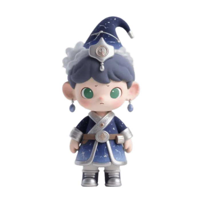 Chibi celestial mage boy, navy starry hat, silver trim robe