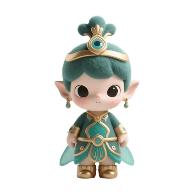 Chibi elf sprite, teal hair topknot, golden peacock ornaments, pointed ears