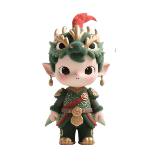 Chibi dragon prince, green plush dragon hood, red plume, scale armor