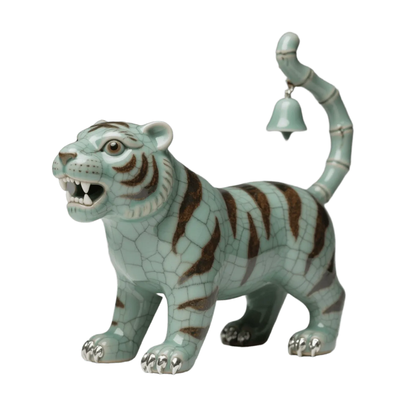Celadon ceramic tiger, crackle glaze finish, bamboo tail with bell