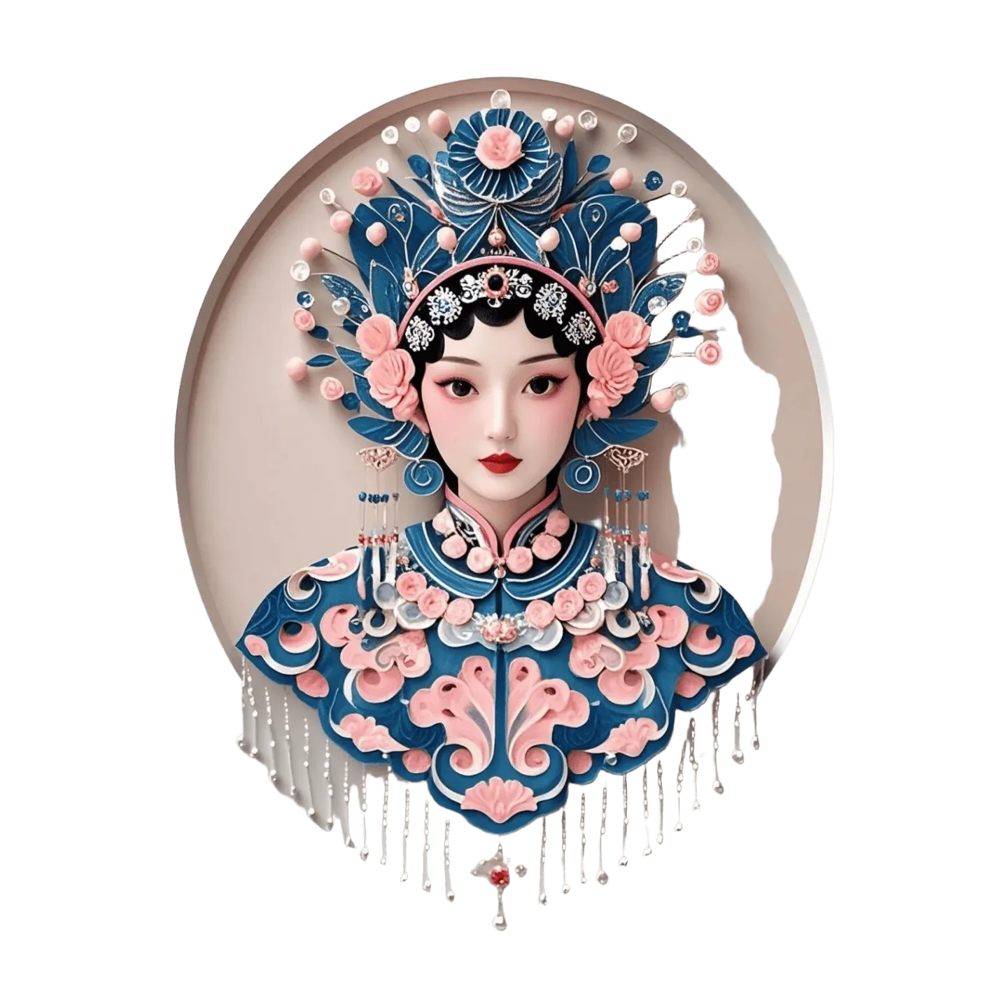 Chinese opera actress bust, blue pink phoenix headdress, pearl tassels, medallion relief