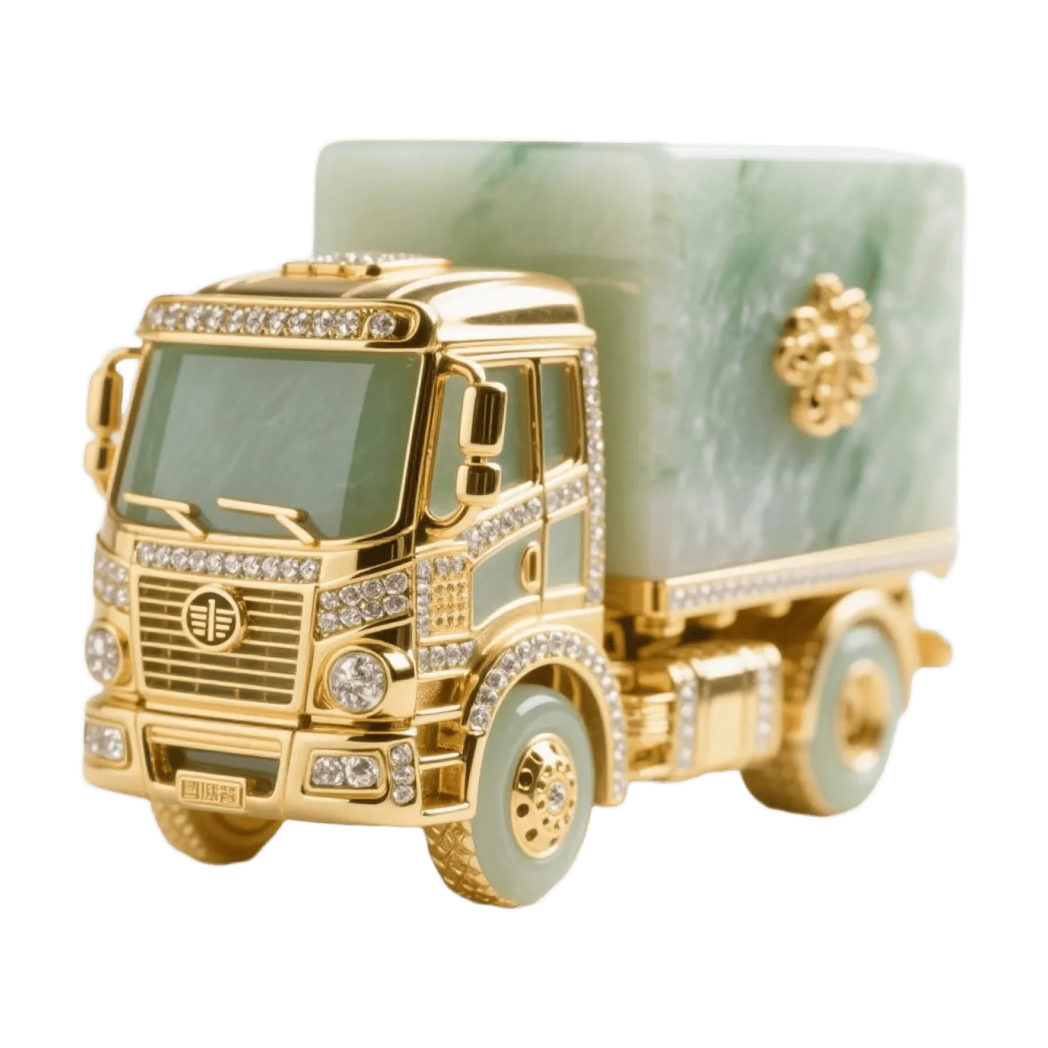Gold luxury truck model, diamond encrusted cab, jade cargo container