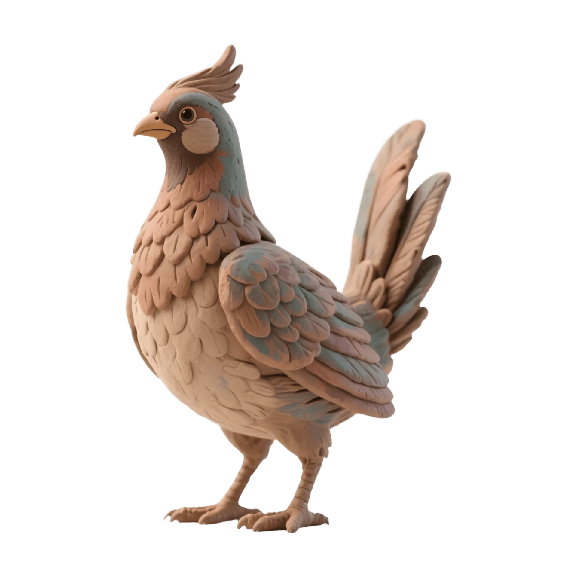 Terracotta rooster sculpture, muted pastel tones, folk art style